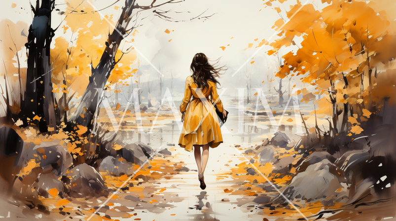 若い女性がいる秋の公園：木々が色づいている水彩画