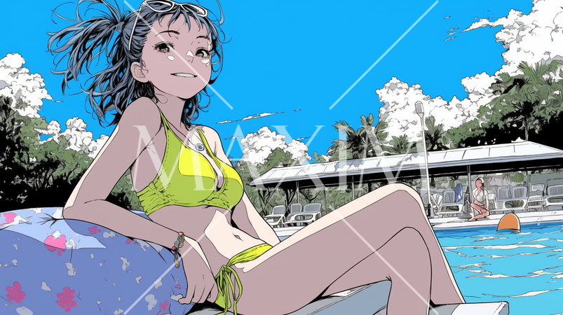 南国のリゾートホテルのプールにビキニ姿でいる若い女性