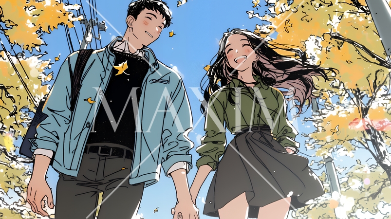 紅葉の公園でデートをしている若い男女のカップル