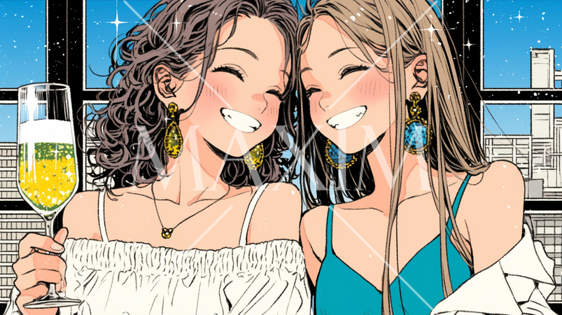 女子会：気の合う女友達が集まり、酒を交わし、おいしい食事をしながら、仕事の話や恋バナをしている