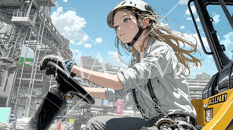 建設現場で重機を操作する若い女性