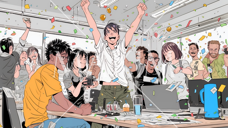 プロジェクト成功を喜ぶスタートアップチーム｜オフィスで大喜びするビジネスパーソン