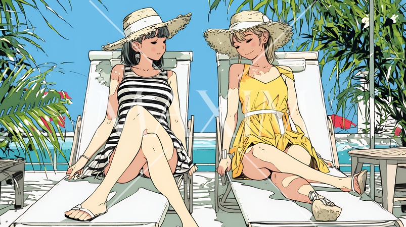 プールサイドのデッキチェアで談笑する女友達たち｜夏のリゾートで過ごすリラックスしたライフスタイルイメ