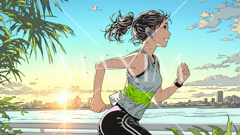 夕方の街並みを背景にジョギングをする若い女性