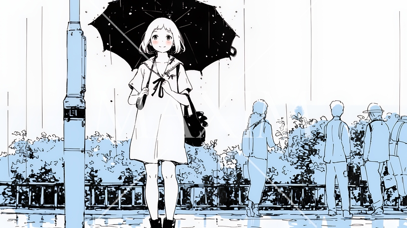 雨の日に傘をさして歩く若い女性（シンプルな色使い）