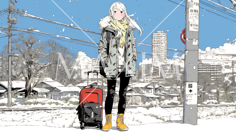 冬枯れの郊外の道を歩く若い女性