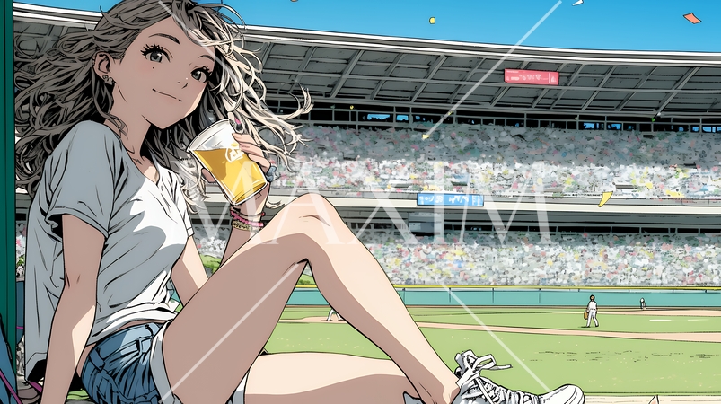 野球などの屋外スポーツを観戦しながら、ビールを楽しむ若い女性。