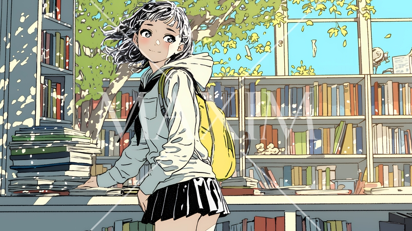 書店で本を選ぶ女子高生