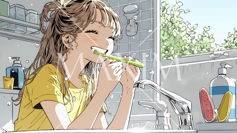 洗面所で朝の歯磨きをする若い女性