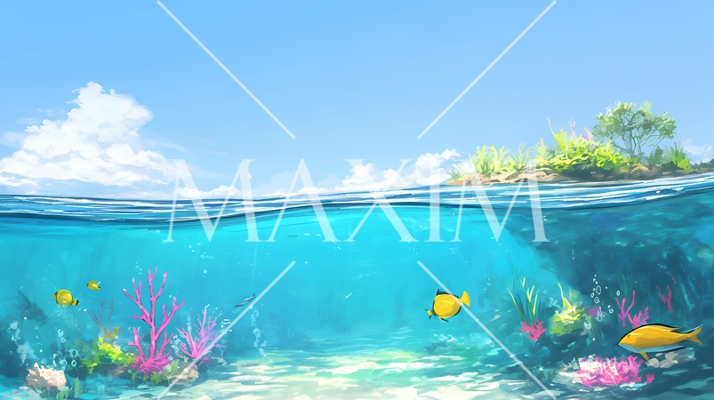 夏の青い空、青い海、白い雲と砂浜のコントラスト（クレヨン＋水彩画風）