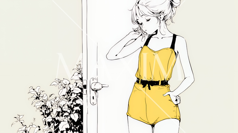 ウェストライン（腰回り）をチェックしている女性（シンプルな色使い）