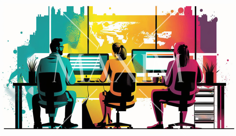 オフィス環境：オフィスでの仕事をする人々、デスクワーク、コンピューター作業。