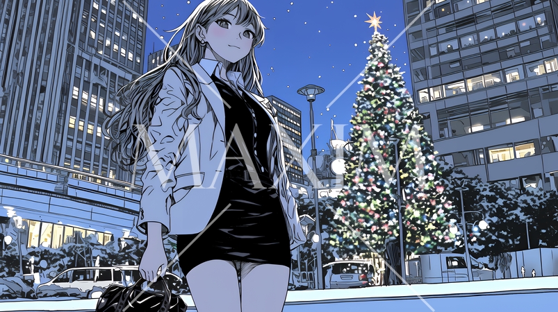 クリスマスイルミネーションが美しい街を散策する若い女性