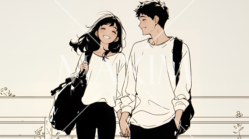 幸せそうなカップル：散歩中（シンプルな色使い）