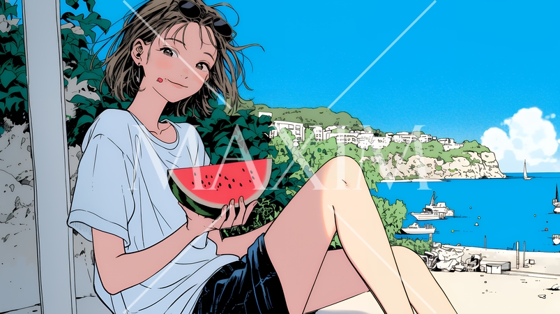 スイカを海辺て食べている若い女性