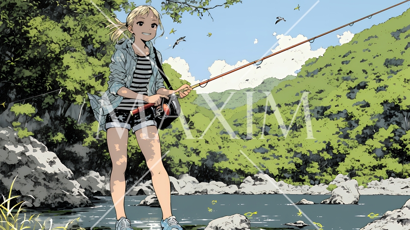 岸から魚釣りを楽しむ若い女性｜渓流・自然・アウトドア・ライフスタイル