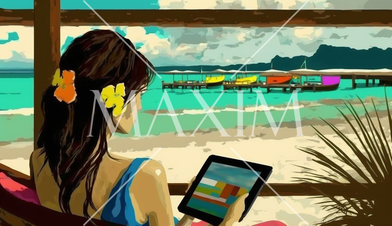 海辺のリゾートに来ているのに仕事のデジタルデバイスを手放せない女性