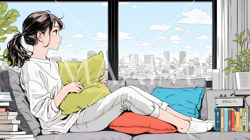 ソファでクッションを抱えてくつろぐ若い女性