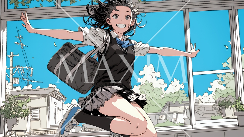 嬉しさのあまり飛び跳ねる制服姿の女子高生