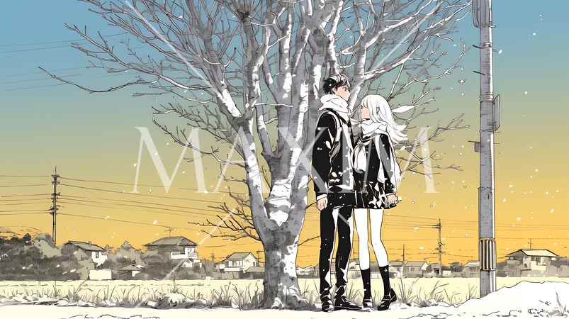 冬枯れ街をデートしている若い恋人たち