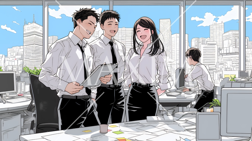 オフィスで立ったまま簡単な打合せをしているビジネスパーソン