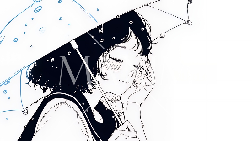 雨の中を歩く女性（シンプルな色使い）