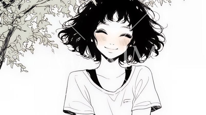 「うふふ」と微笑んでいる若い女性（シンプルな色使い）