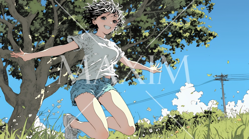 喜びにあふれ、軽やかにスキップする若い女性