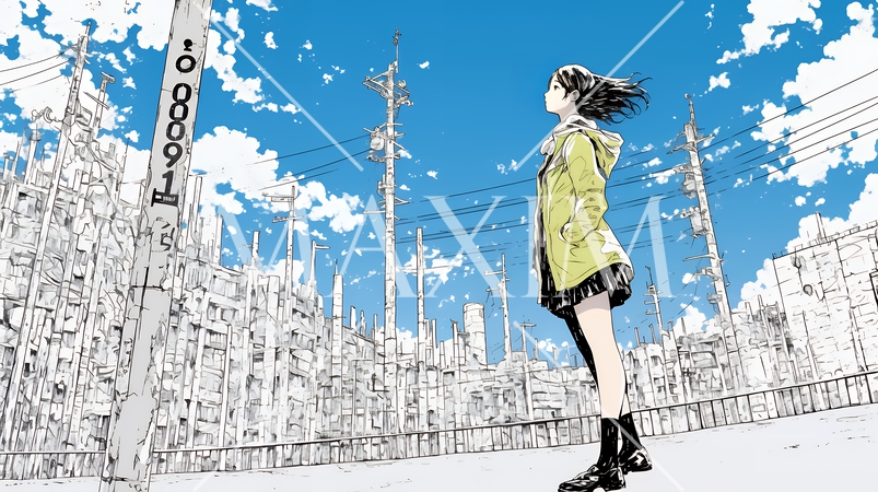 デジタルデータと日本人ビジネスウーマン｜AI・IT時代のテクノロジーイメージ（バイナリーコード）