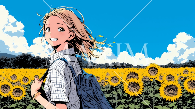 真夏の青空のもと、ヒマワリ畑を散策している若い女性