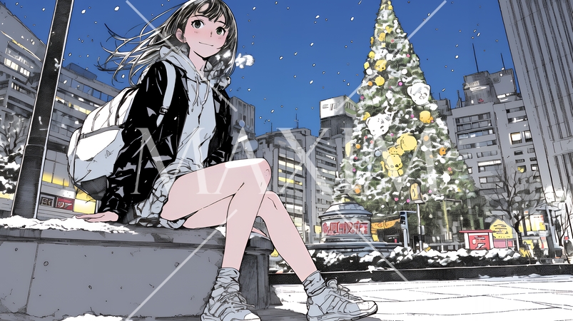 クリスマスイルミネーションが美しい街を散策する若い女性