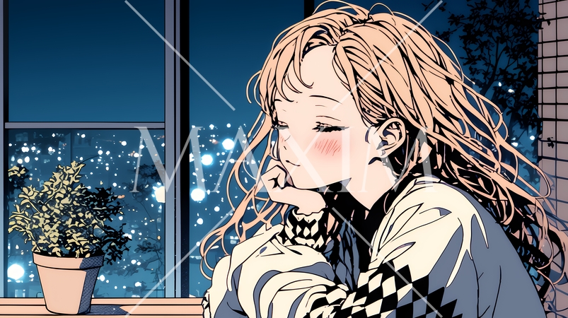 ベランダで夜風に当たりながら都会のランドスケープを眺め休む若い女性