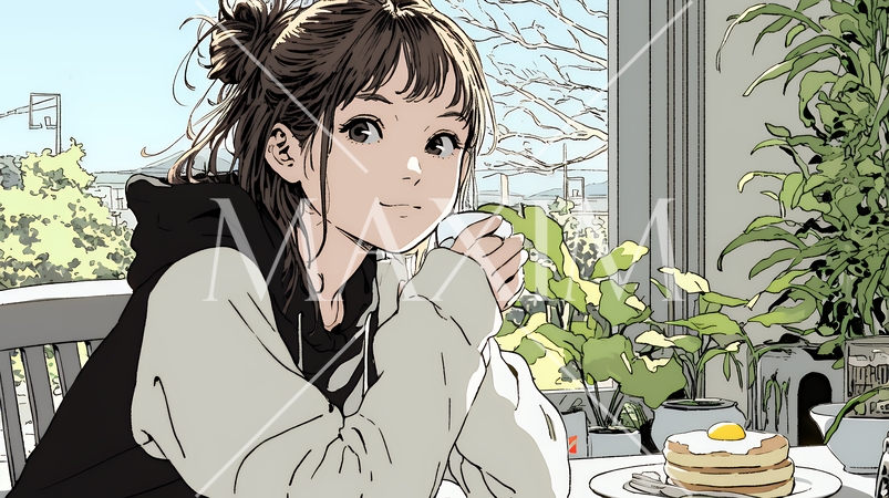 早朝のダイナー（喫茶店）でパンケーキ（モーニングセット）を食べる若い女性