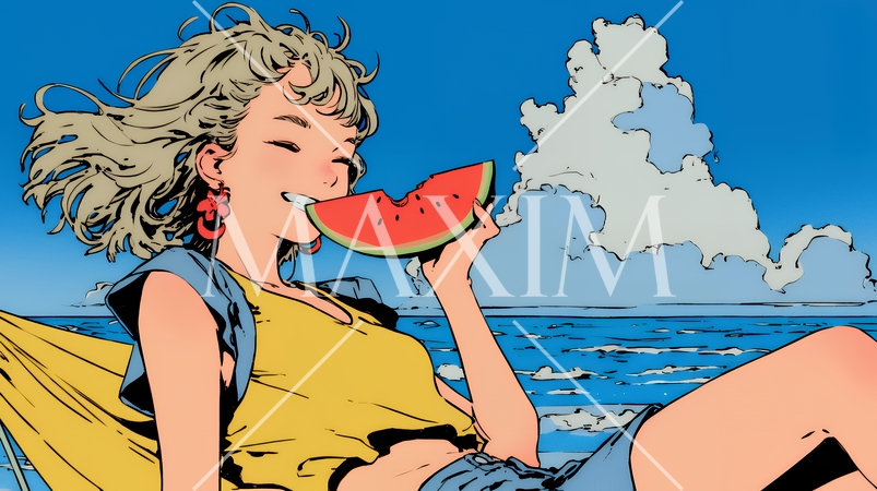 スイカを海辺て食べている若い女性