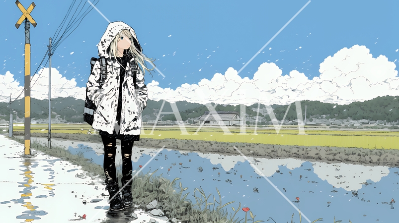 雪解けでぬかるんだ道を歩く若い女性