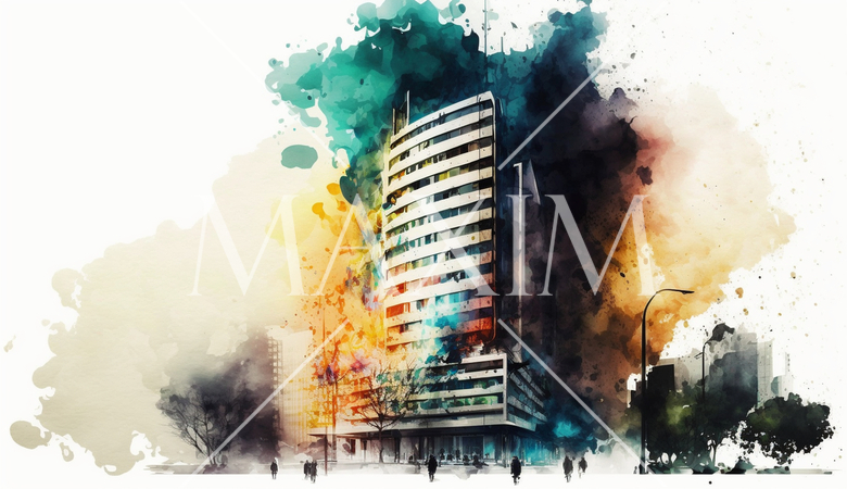 ビルの火災：水彩画