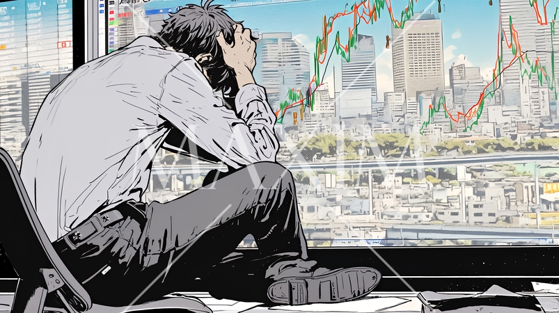 株価下落に落ち込んでいる男性：日経株価大暴落