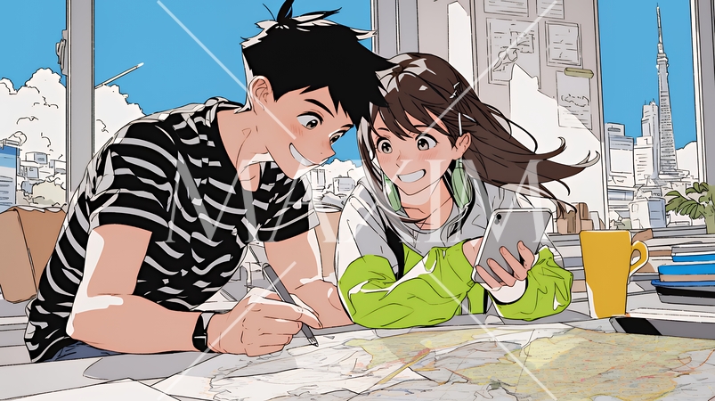 仲良く二人で旅行の計画を立てている若いカップル