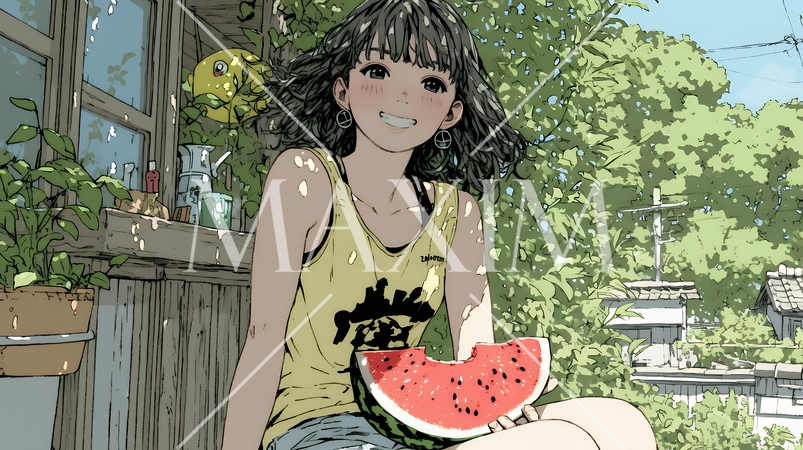 スイカを縁側で食べている若い女性