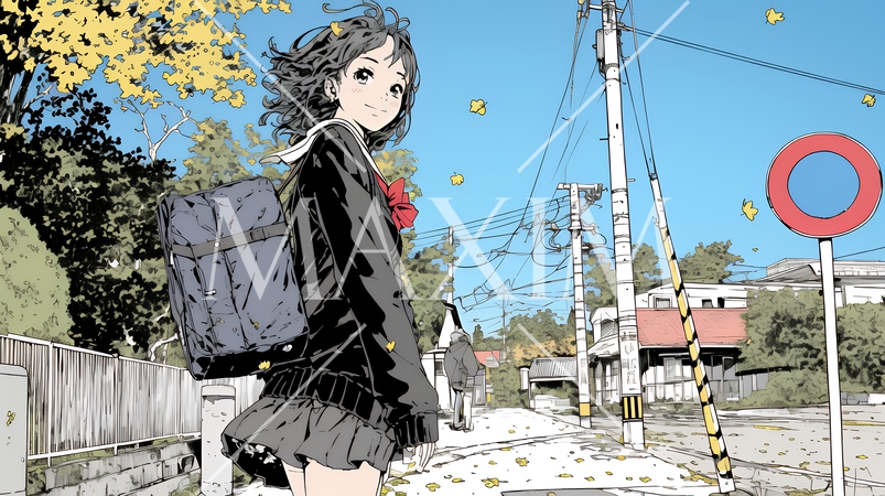 紅葉の道を通学する女子高生