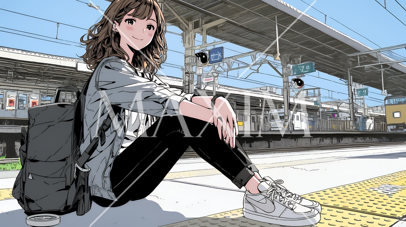 駅のホームで、なかなか来ない電車を待ちくたびれている若い女性