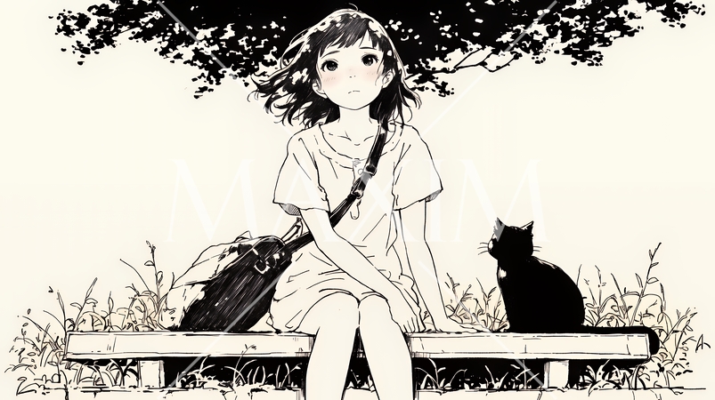 公園のベンチでひとり静かにくつろぐ若い女性（シンプルな色使い）