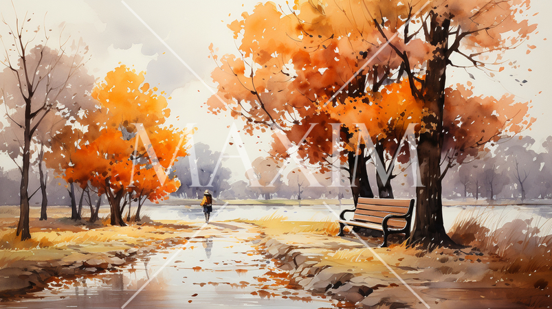 秋の公園：木々が色づいている水彩画