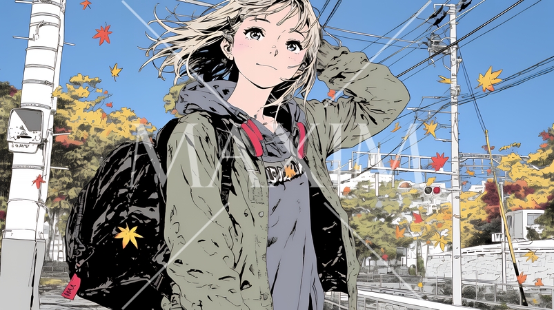 紅葉の道を通学する女子高生