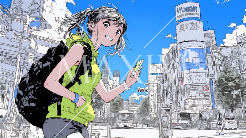 スマホの地図アプルを頼りに目的地に向かって歩いている女性：歩きスマホ