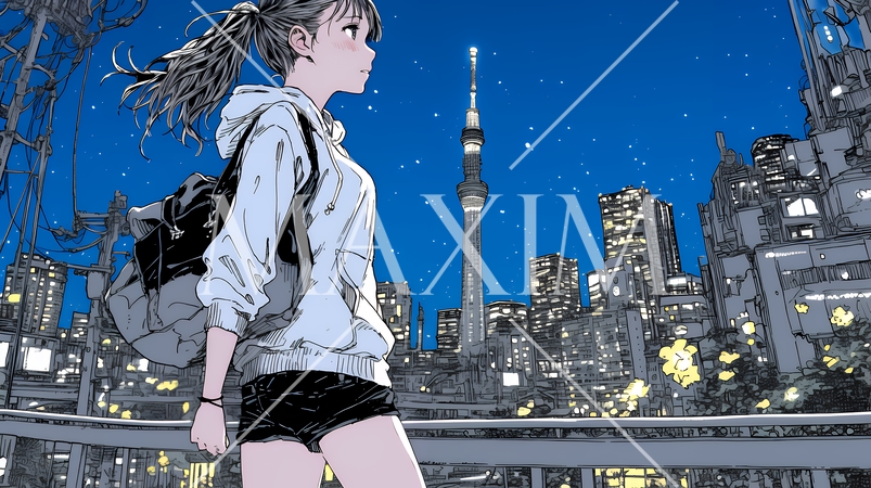 都市のランドスケープを眺めている若い女性