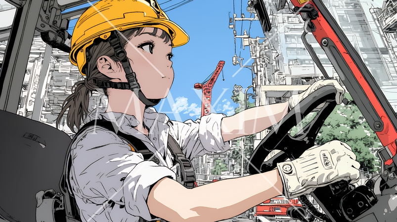 建設現場で重機を操作する若い女性