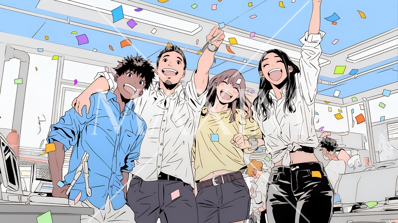 プロジェクト成功を喜ぶスタートアップチーム｜オフィスで大喜びするビジネスパーソン