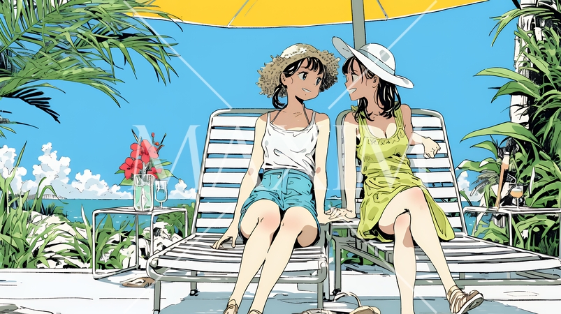 プールサイドのデッキチェアで談笑する女友達たち｜夏のリゾートで過ごすリラックスしたライフスタイルイメ