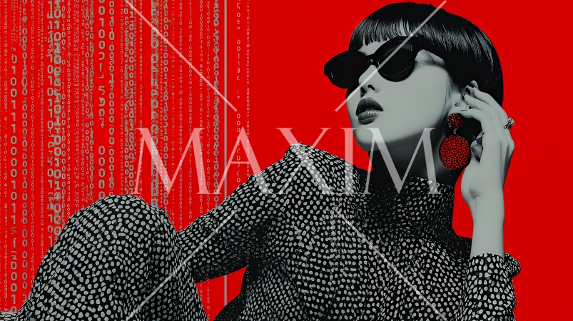 デジタルデータと日本人ビジネスウーマン｜AI・IT時代のテクノロジーイメージ（バイナリーコード）